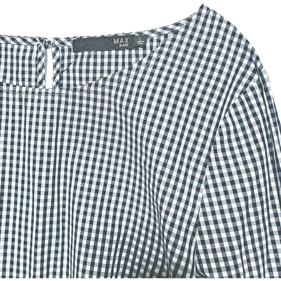 Max Jeans Tie front Gingham Check Top size L Large Blue White Shirt knot cuff - Picture 2 of 4
